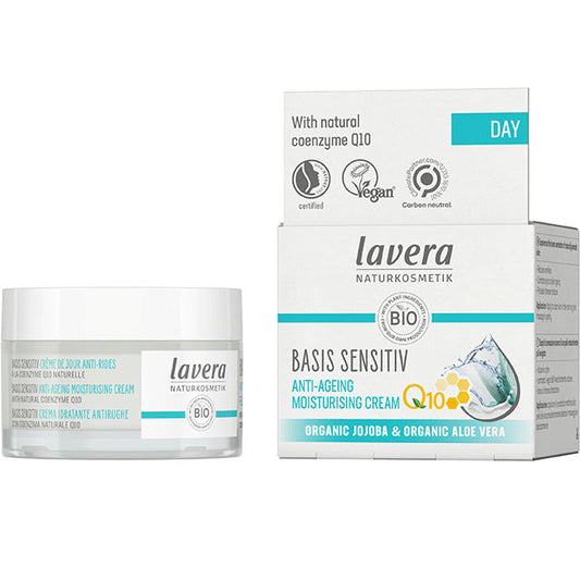 Lavera Basis Sensitive Anti-Ageing Moisturising Cream with Q10 and Organic Jojoba and Organic  Aloe Vera in a recyclable jar and box 