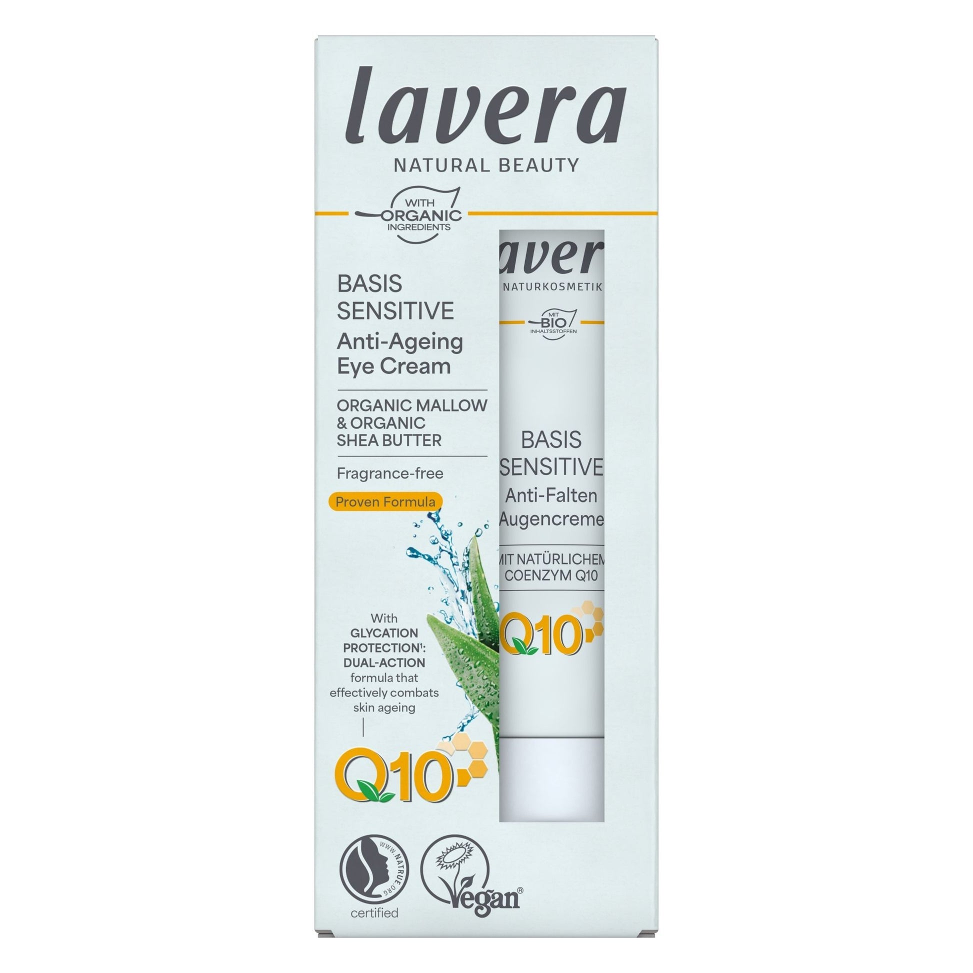 Lavera Natural Beauty Basis Sensitive Anti-Ageing Eye Cream in a white cardboard box with a clear window showing the white tube inside. The packaging features green and yellow accents, including a graphic of a green aloe leaf and text highlighting organic ingredients and Q10 content.