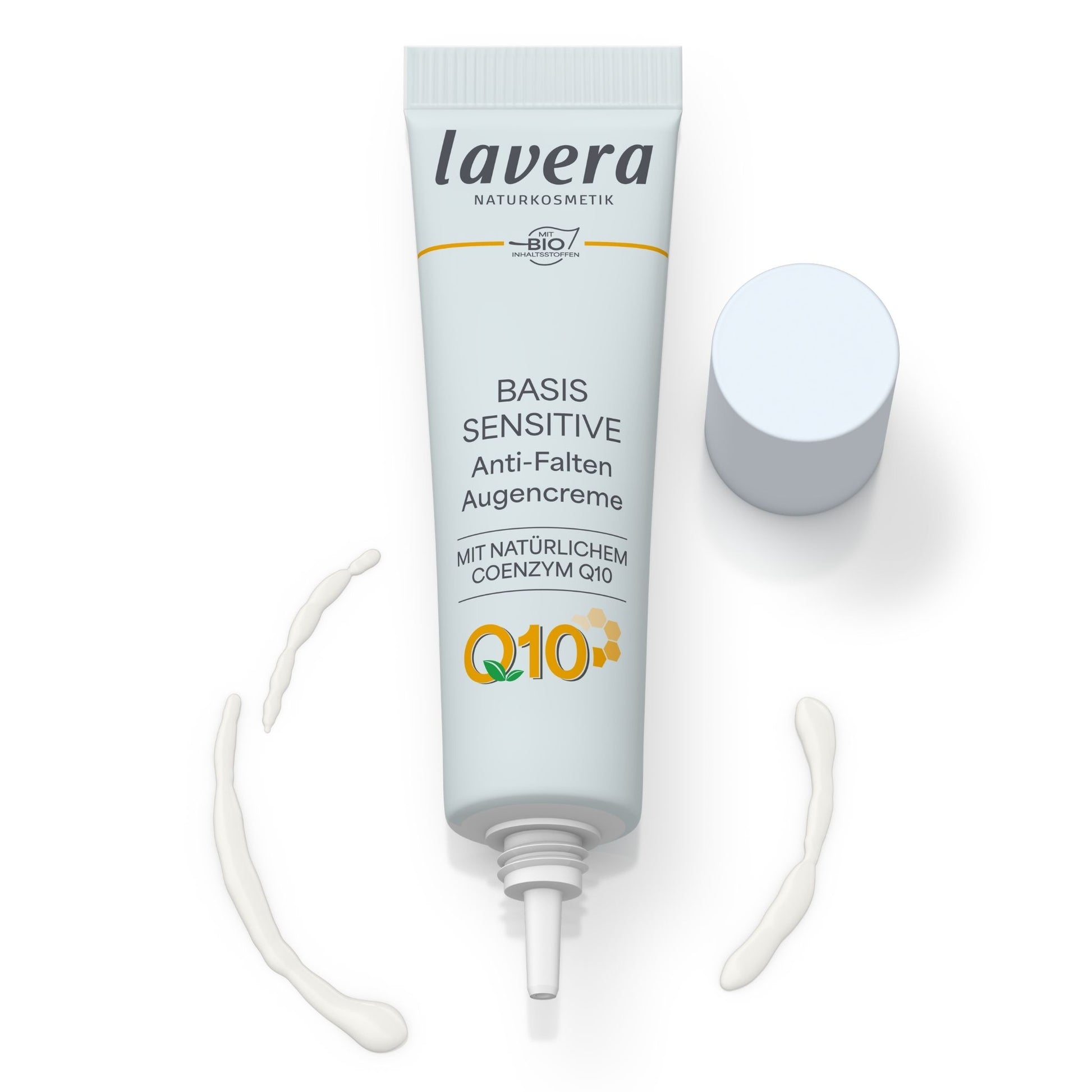 A white squeeze tube of lavera BASIS SENSITIVE Anti-Ageing Eye Cream with a white cap, open with eye cream shown on a solid white background.