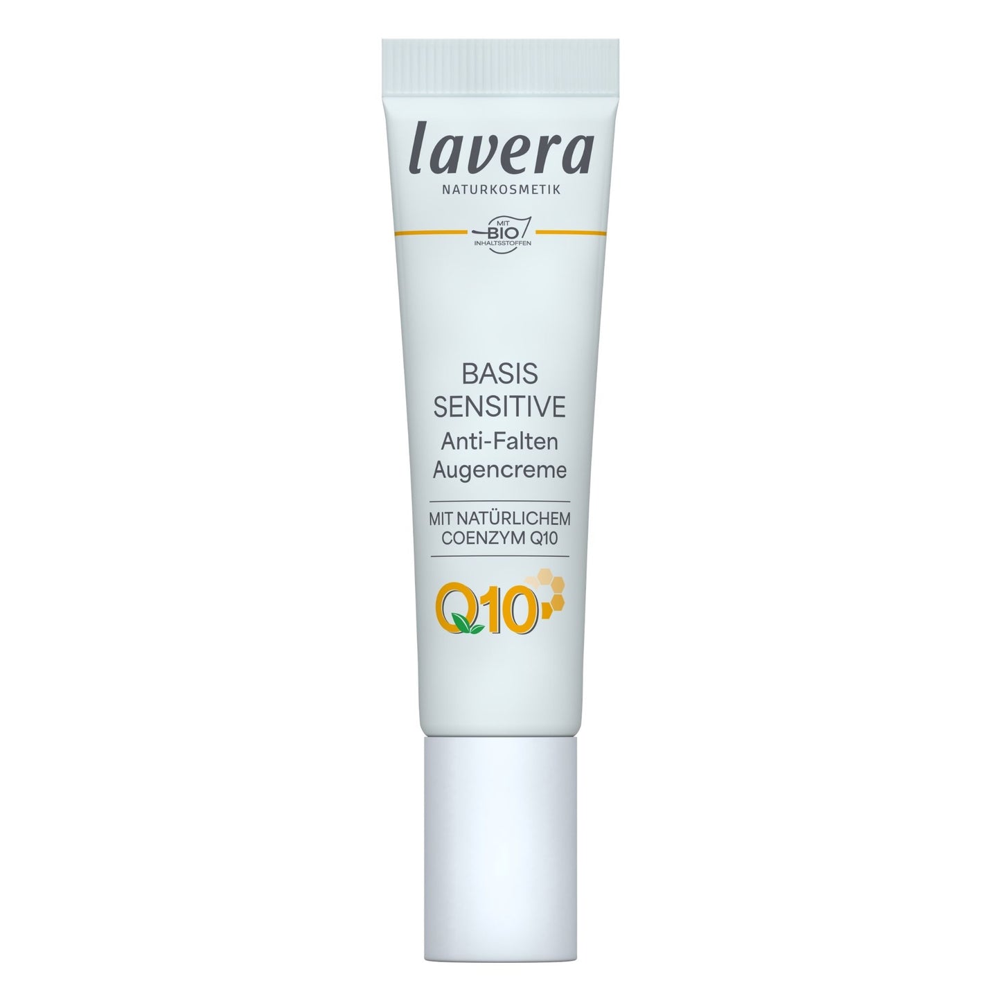 A white squeeze tube of lavera BASIS SENSITIVE Anti-Ageing Eye Cream with a white cap, shown on a solid white background.
