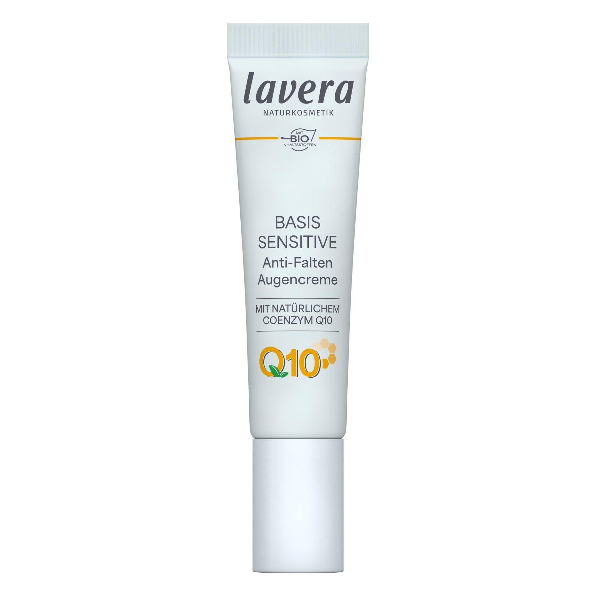 A white squeeze tube of lavera BASIS SENSITIVE Anti-Ageing Eye Cream with a white cap, shown on a solid white background.