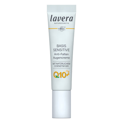 A white squeeze tube of lavera BASIS SENSITIVE Anti-Ageing Eye Cream with a white cap, shown on a solid white background.