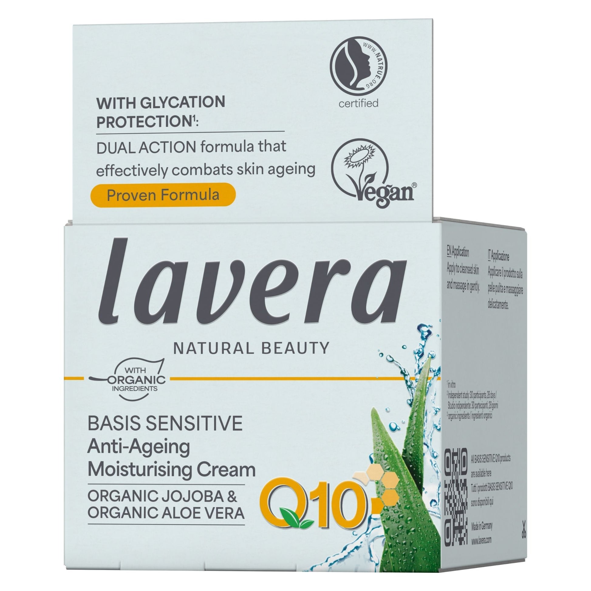 Lavera Basis Sensitive Anti-Ageing Moisturising Cream with Q10 and Organic Jojoba and Organic  Aloe Vera in a recyclable box side way