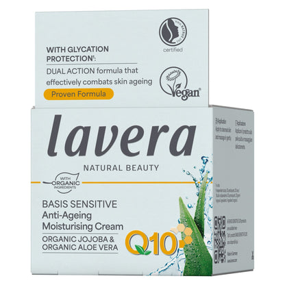 Lavera Basis Sensitive Anti-Ageing Moisturising Cream with Q10 and Organic Jojoba and Organic  Aloe Vera in a recyclable box side way