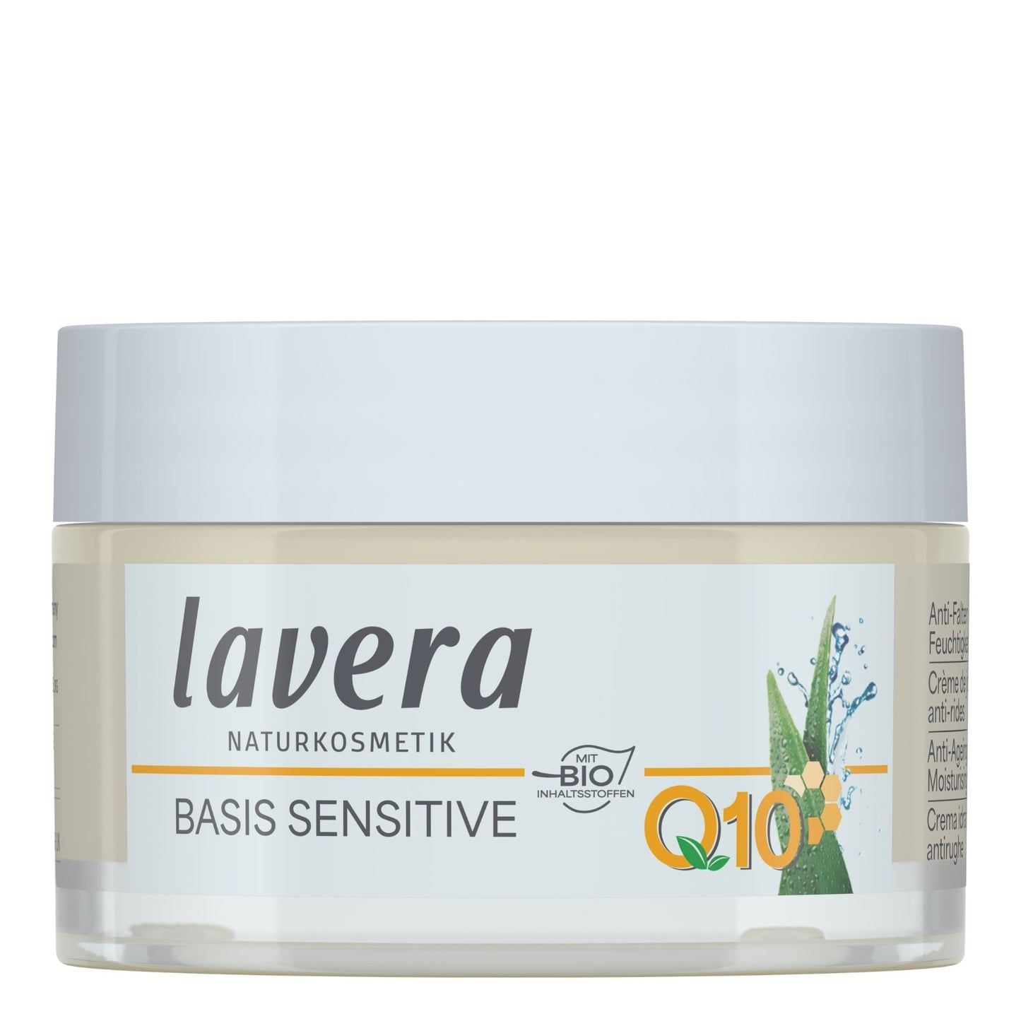 Lavera Basis Sensitive Q10 cream jar on a white background