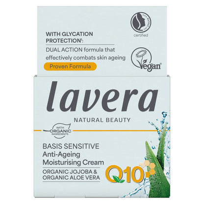 Lavera Basis Sensitive Anti-Ageing Moisturising Cream with Q10 and Organic Jojoba and Organic Aloe Vera in a recyclable box 