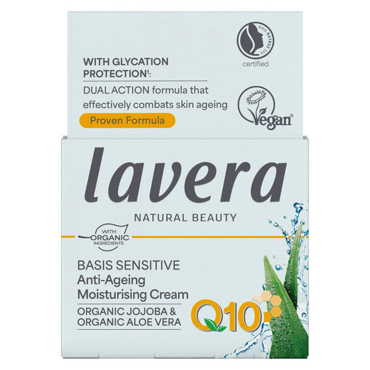 Lavera Basis Sensitive Anti-Ageing Moisturising Cream with Q10 and Organic Jojoba and Organic Aloe Vera in a recyclable box 