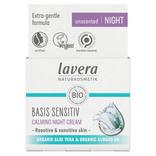 Lavera Basis Sensitive Calming Night Cream in its white packaging box, featuring a purple 'unscented | NIGHT' banner and product details for sensitive skin.