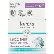 Lavera Basis Sensitive Calming Night Cream for ractive and sensitive skin with organic aloe vera and organic almond oil. Jar in a box 