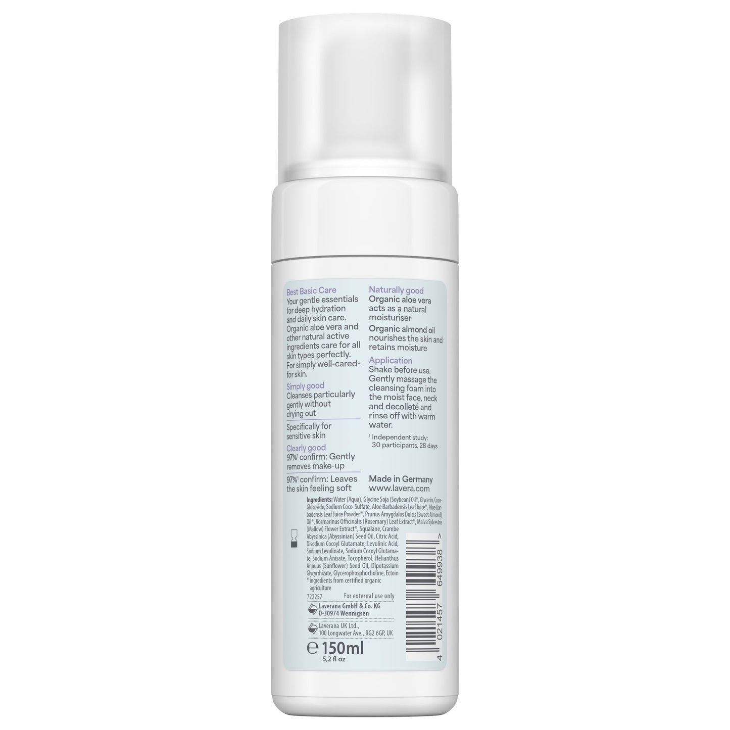 Lavera Basis Sensitive Cleansing Foam bottle (back) on a white background