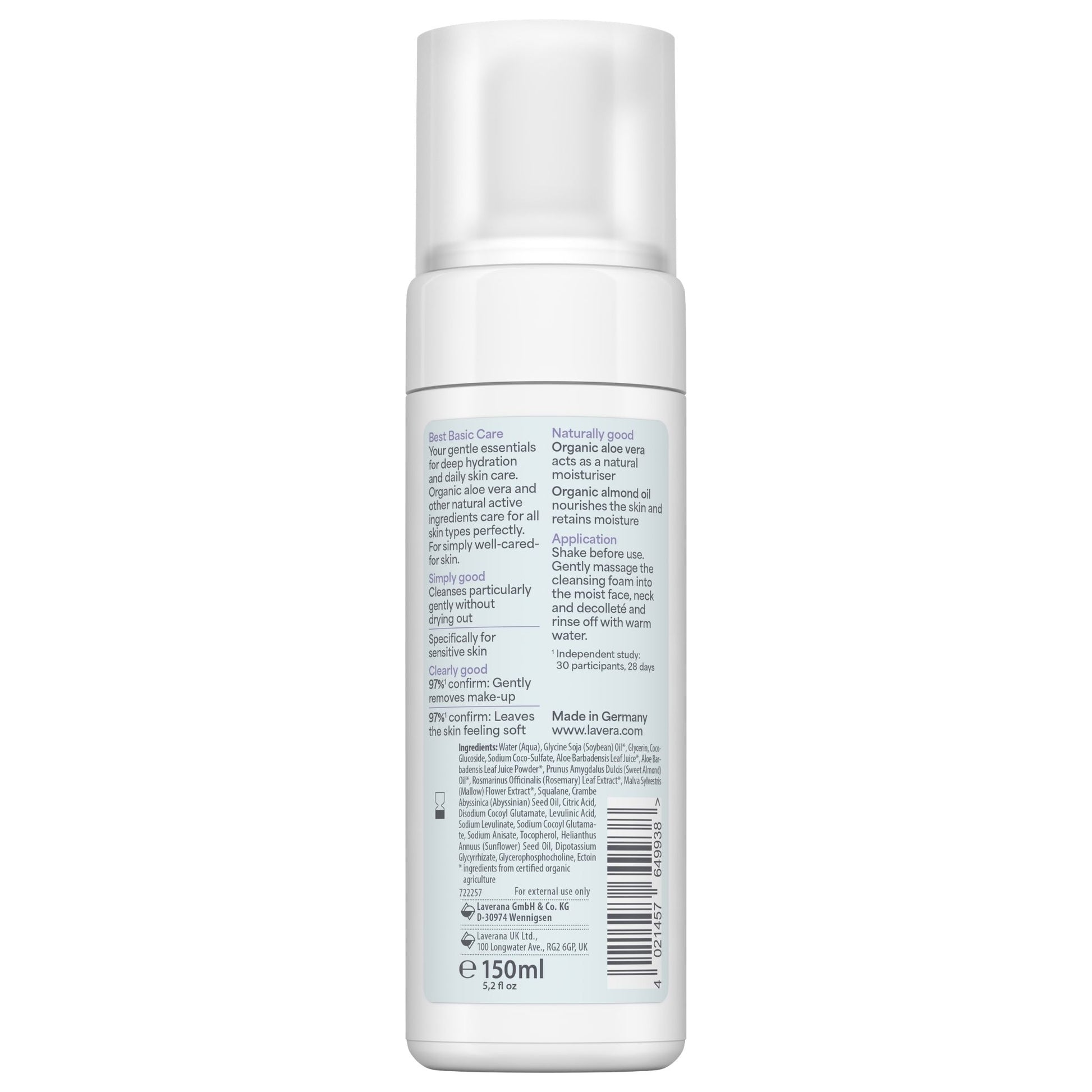 Lavera Basis Sensitive Cleansing Foam bottle (back) on a white background