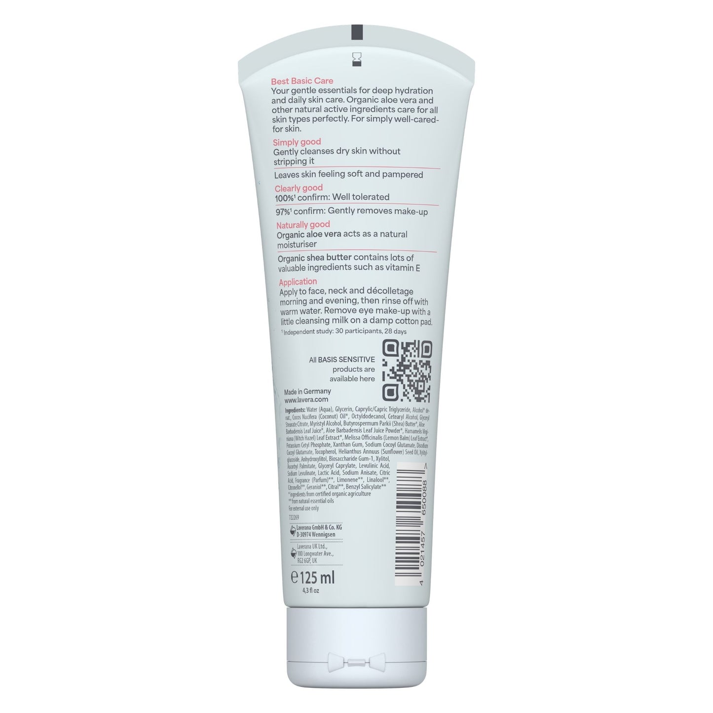 Back of lavera basis sensitive cleansing milk on a white background