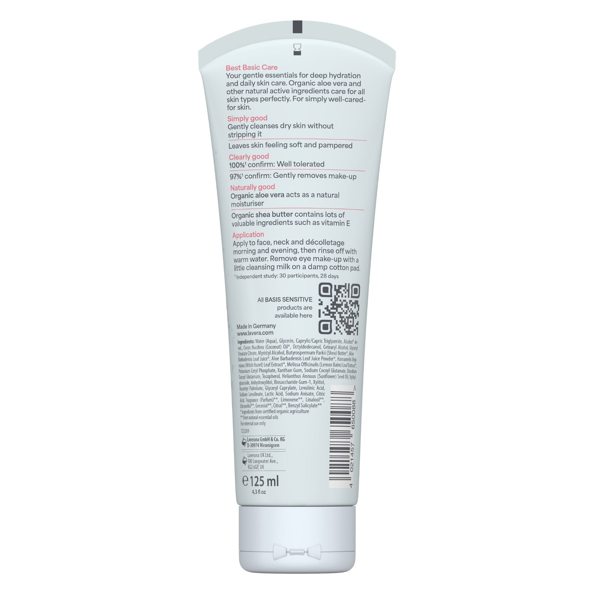 Back of lavera basis sensitive cleansing milk on a white background
