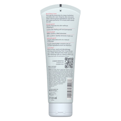 Back of lavera basis sensitive cleansing milk on a white background