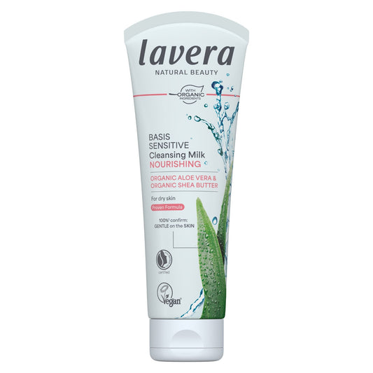 lavera basis sensitive cleansing milk on a white background