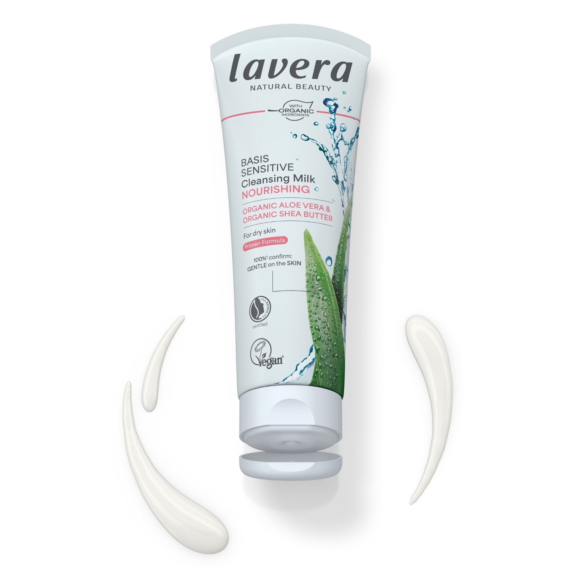 lavera basis sensitive cleansing milk, open and on a white background