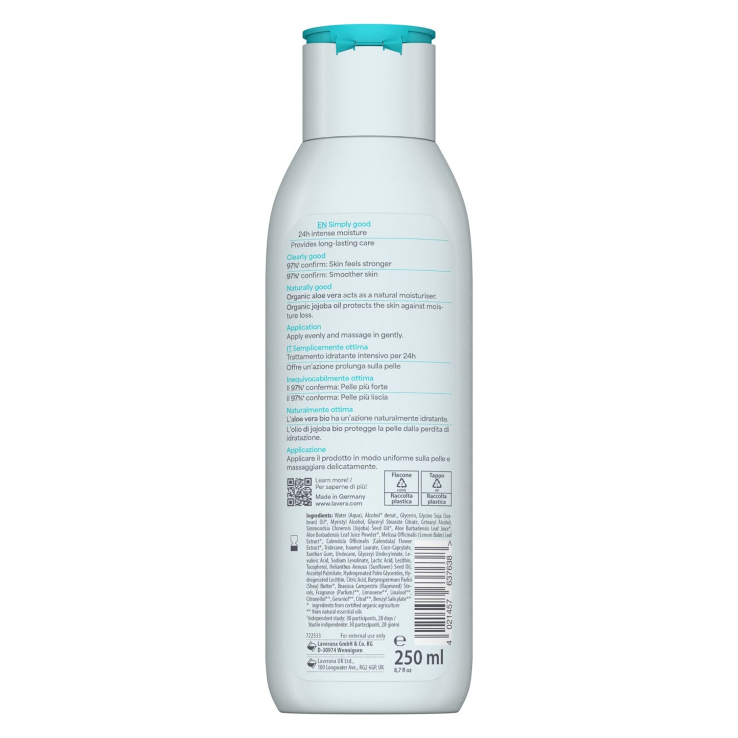 Back view of lavera basis sensitive express body lotion bottle with text and branding on a white background