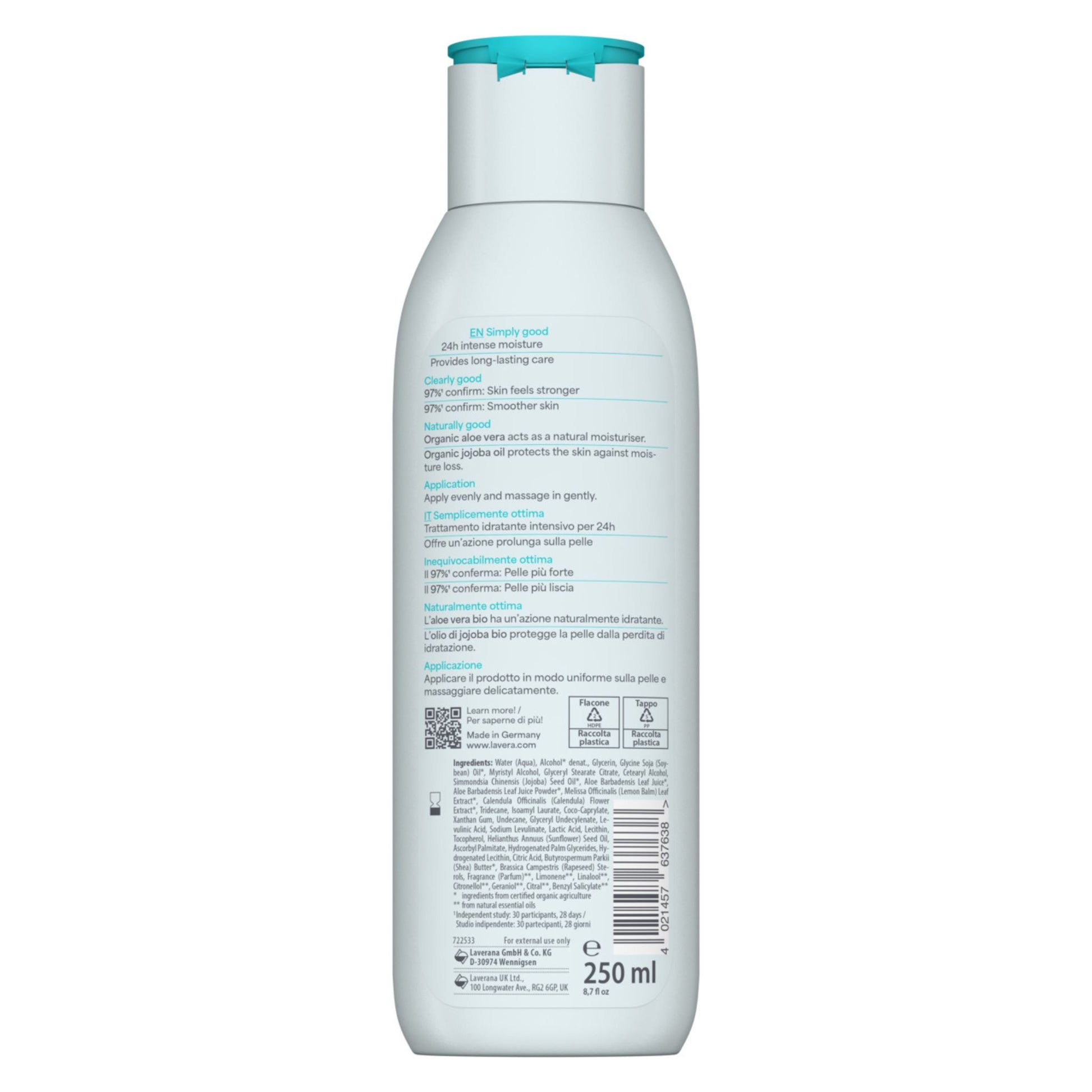Back view of lavera basis sensitive express body lotion bottle with text and branding on a white background