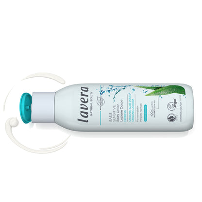 lavera Basis Sensitive Express Body Lotion  with organic aloe vera and organic jojoba oil for normal skin , comes in a plastic bottle with a blue and white label with a flip top lid. 