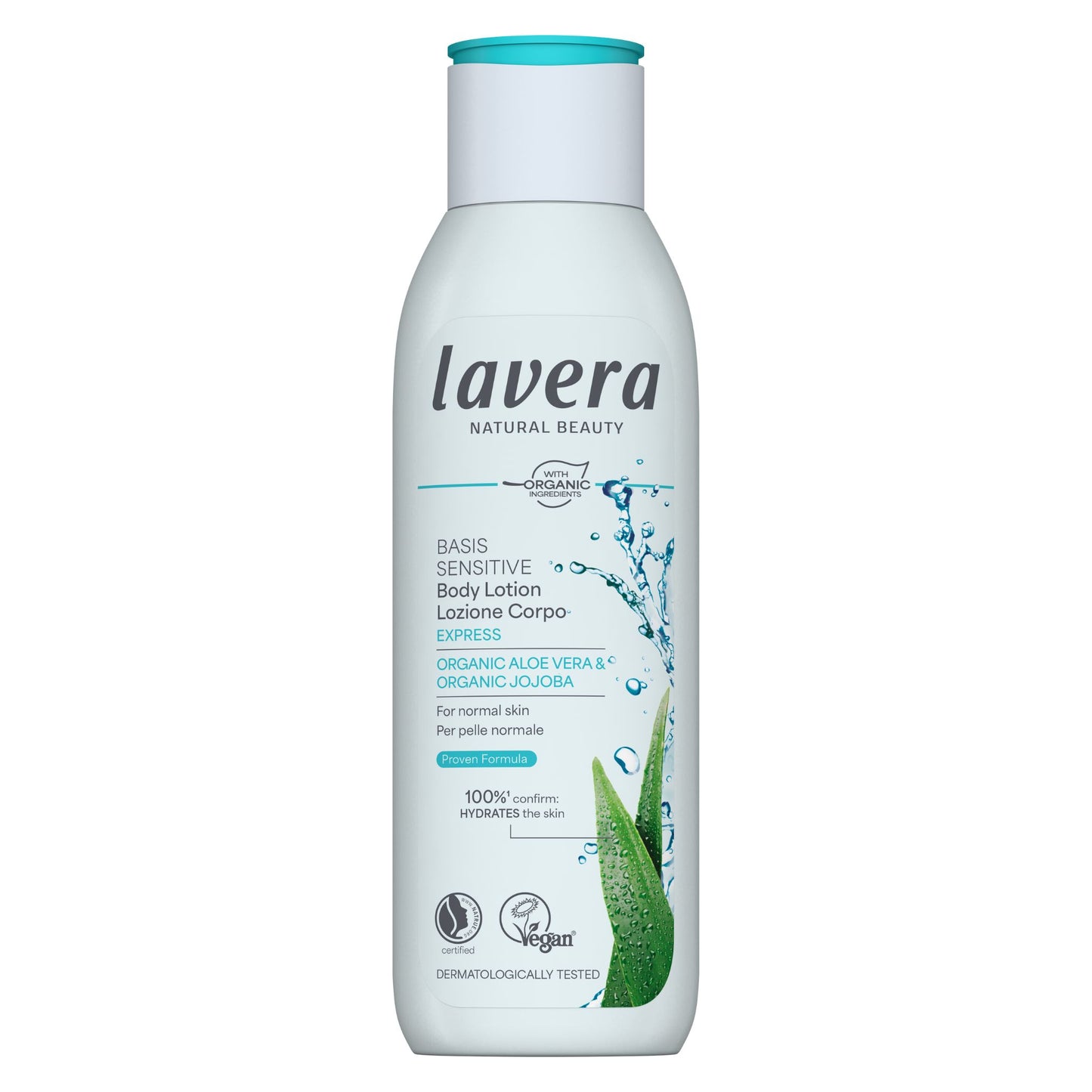 Lavera basis sensitive express body lotion bottle on a white background