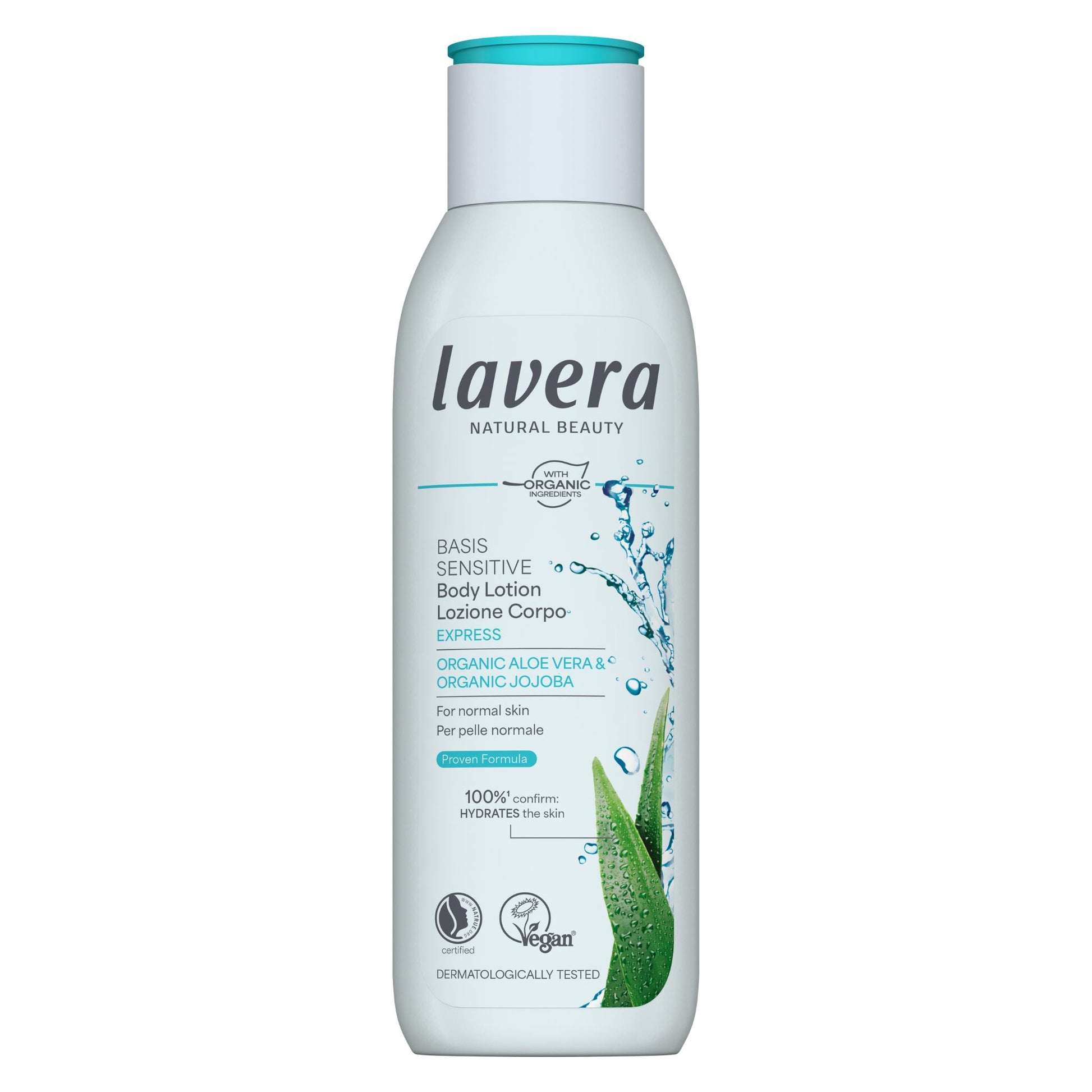 Lavera basis sensitive express body lotion bottle on a white background