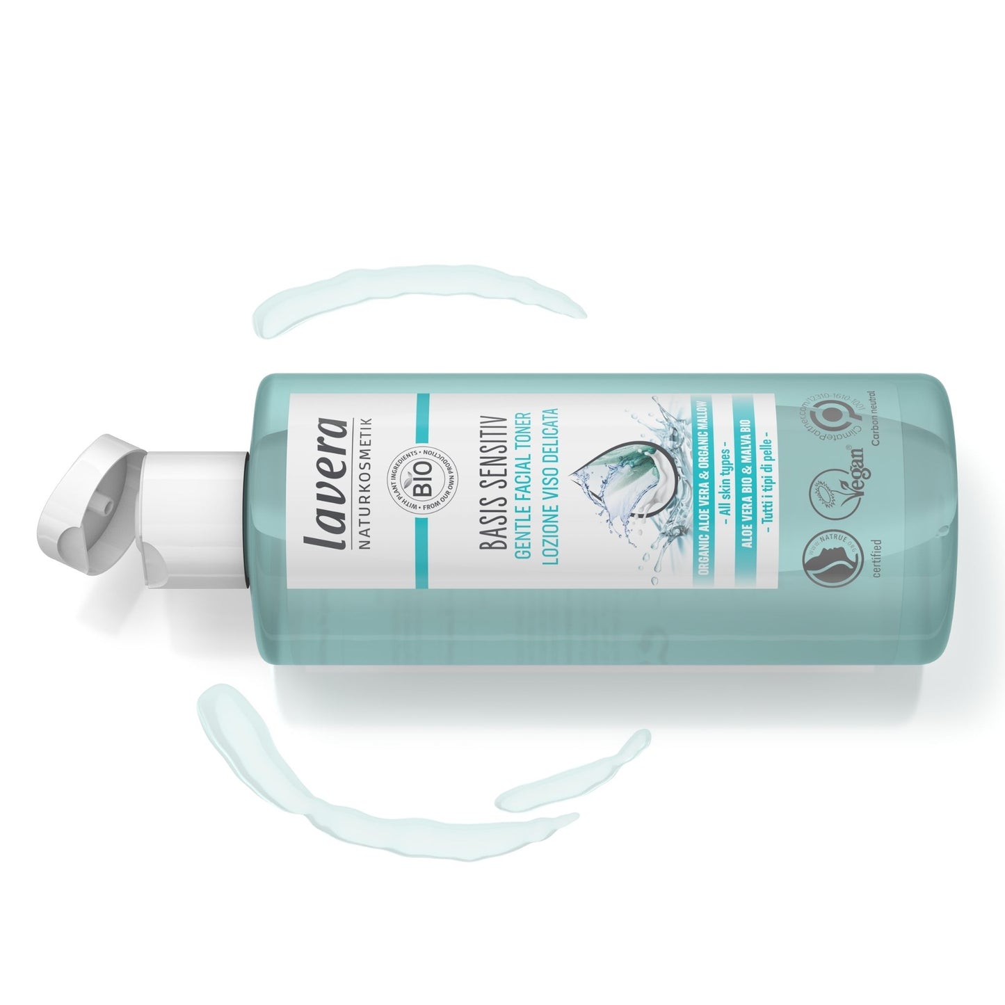 A bottle of Lavera Basic Sensitivity Gentle Facial Toner with a translucent light blue-green body and a white cap, shown on a white background.