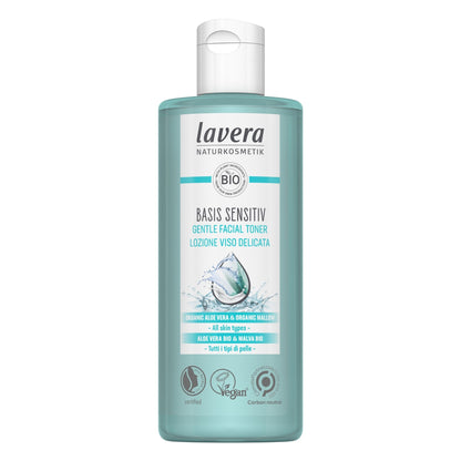 A bottle of Lavera natural beauty Basis Sensitive Gentle Facial Toner, featuring a translucent light teal bottle and a white cap, shown against a plain white background.