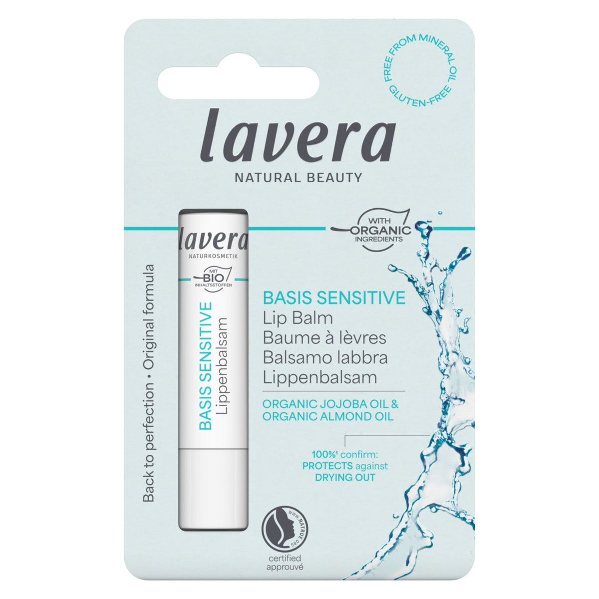 Lavera Basis Sensitive Organic Jojoba Oil and Almond Oil Lip Balm in its original retail blister packaging, featuring a white tube with blue and black text on a light blue card.