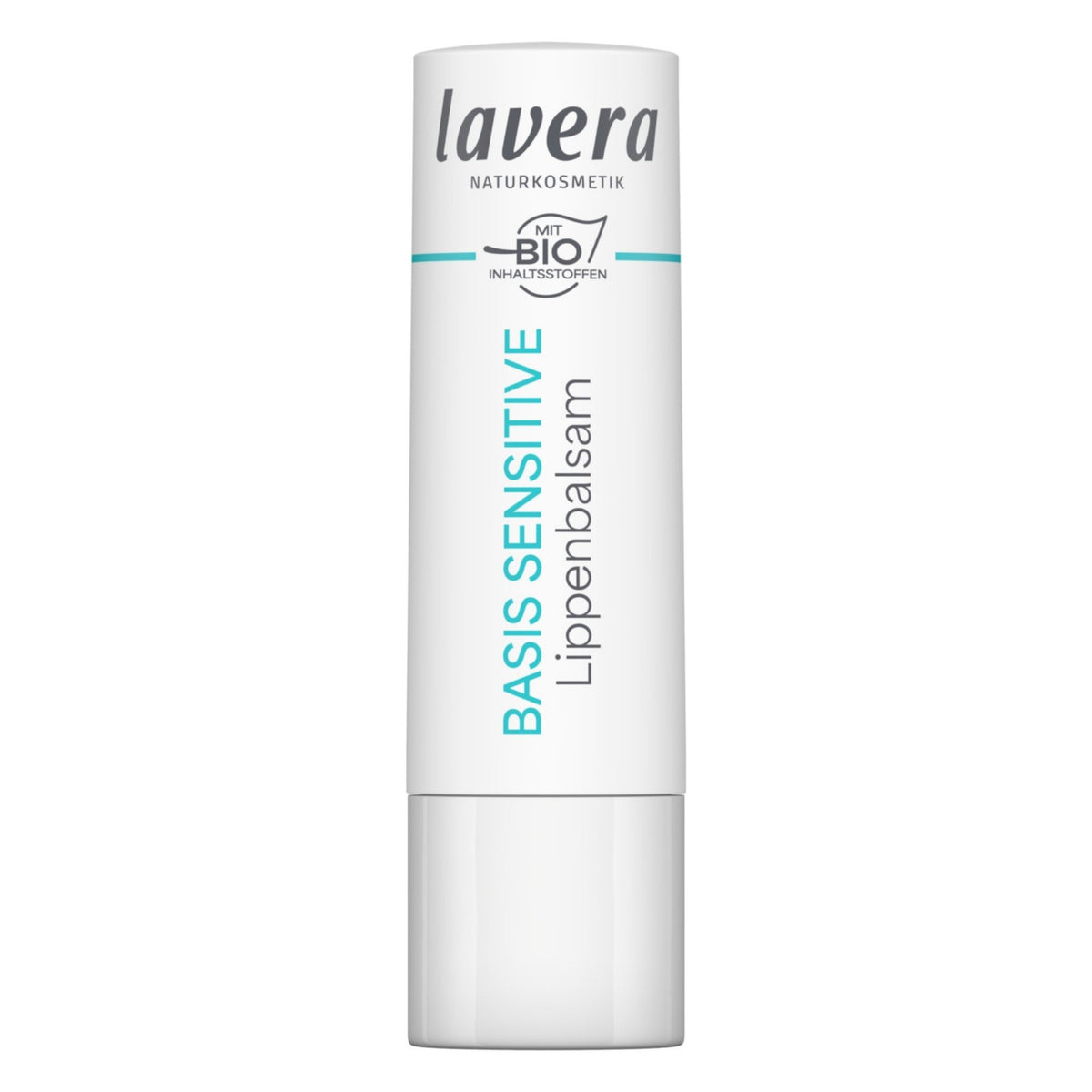 A white tube of Lavera Basis Sensitive Lip Balm against a plain white background.