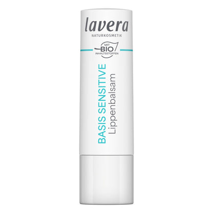 A white tube of Lavera Basis Sensitive Lip Balm against a plain white background.