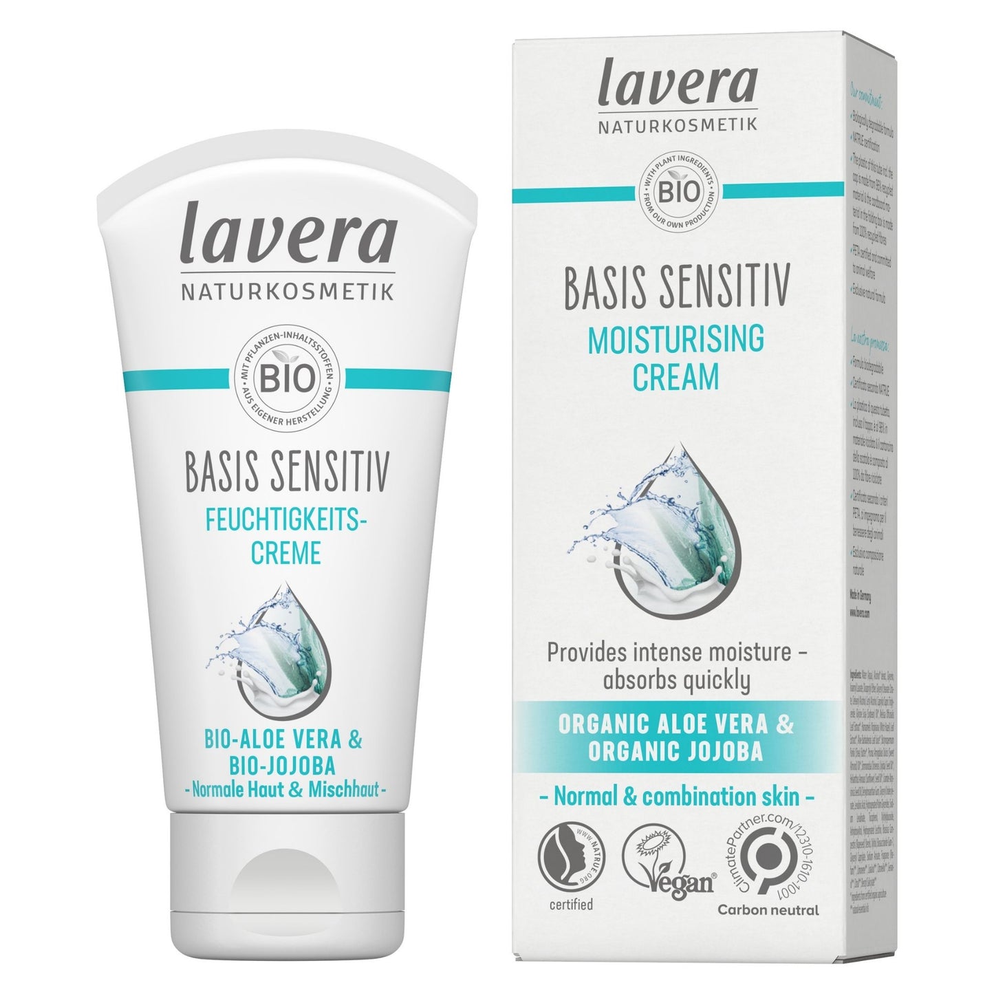 Lavera Basis Sensitive Moisturising Cream shown as a white squeeze tube next to its matching white and light blue retail box on a plain white background.