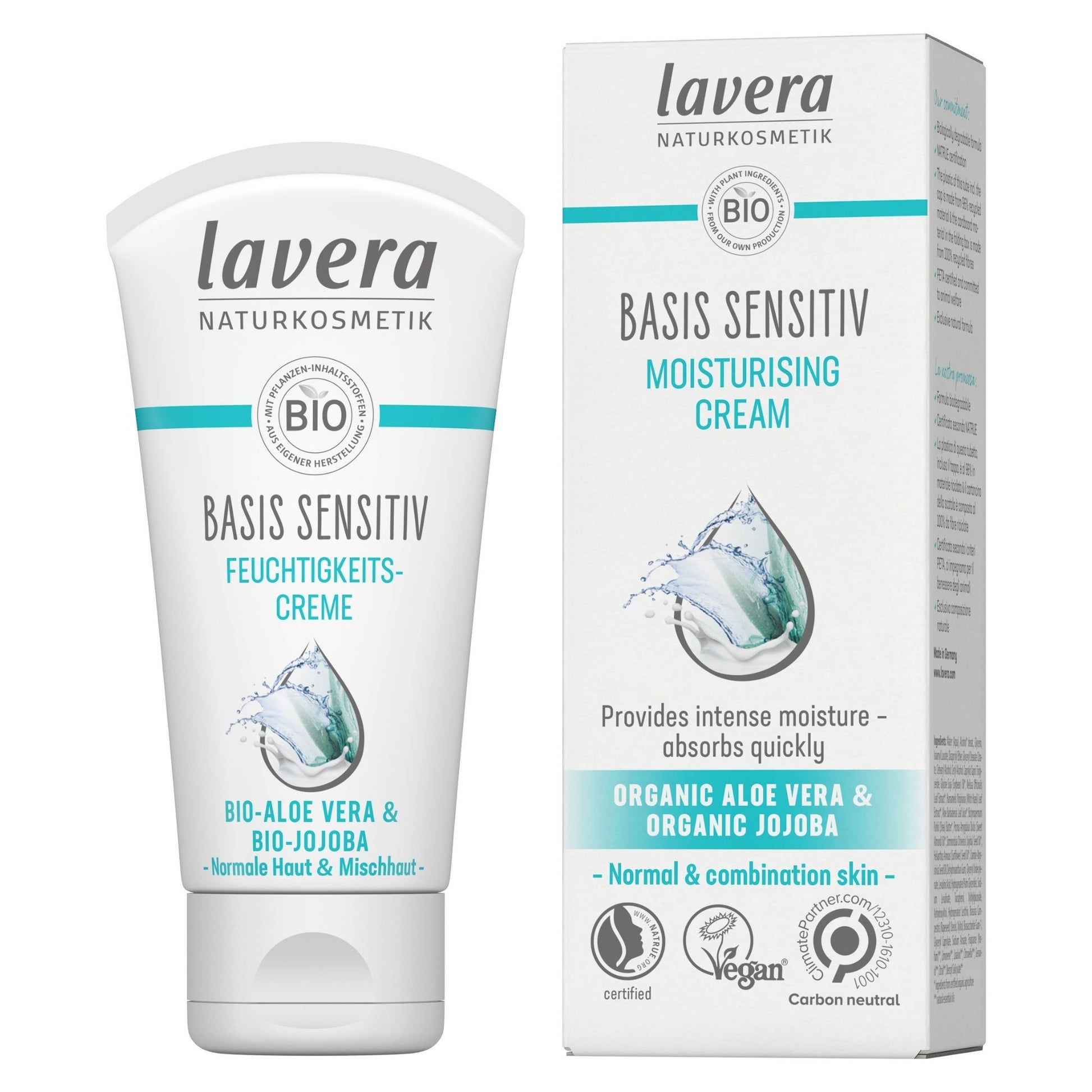 Lavera Basis Sensitive Moisturising Cream shown as a white squeeze tube next to its matching white and light blue retail box on a plain white background.