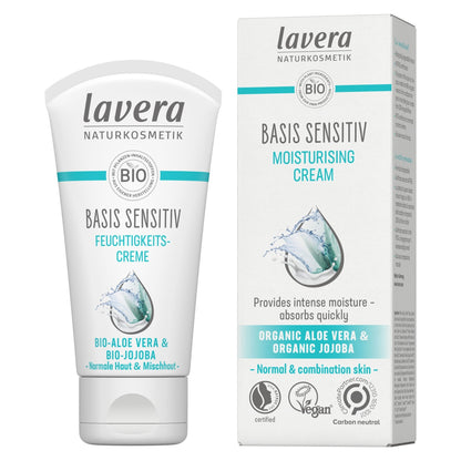 Lavera Basis Sensitive Moisturising Cream shown as a white squeeze tube next to its matching white and light blue retail box on a plain white background.
