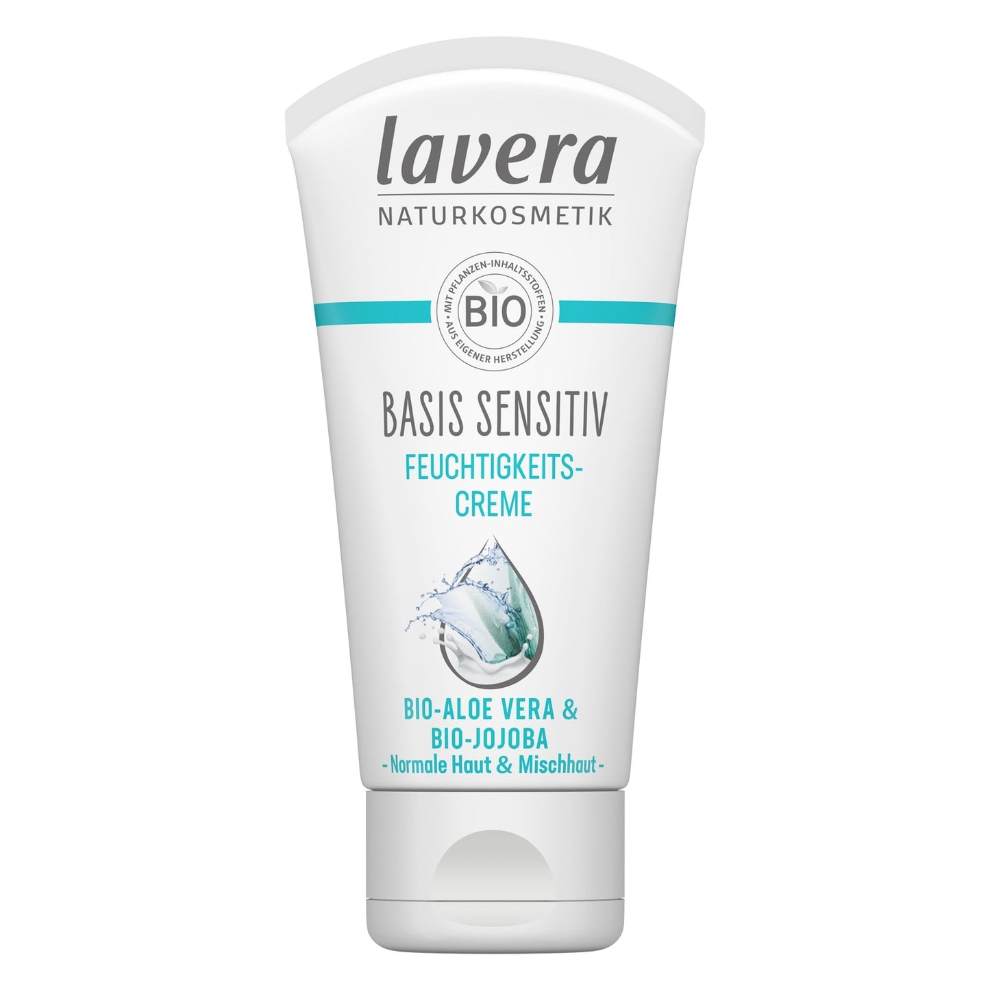 A white squeeze tube of Lavera Basis Sensitive Moisturising Creme with teal and gray text, shown on a plain white background.