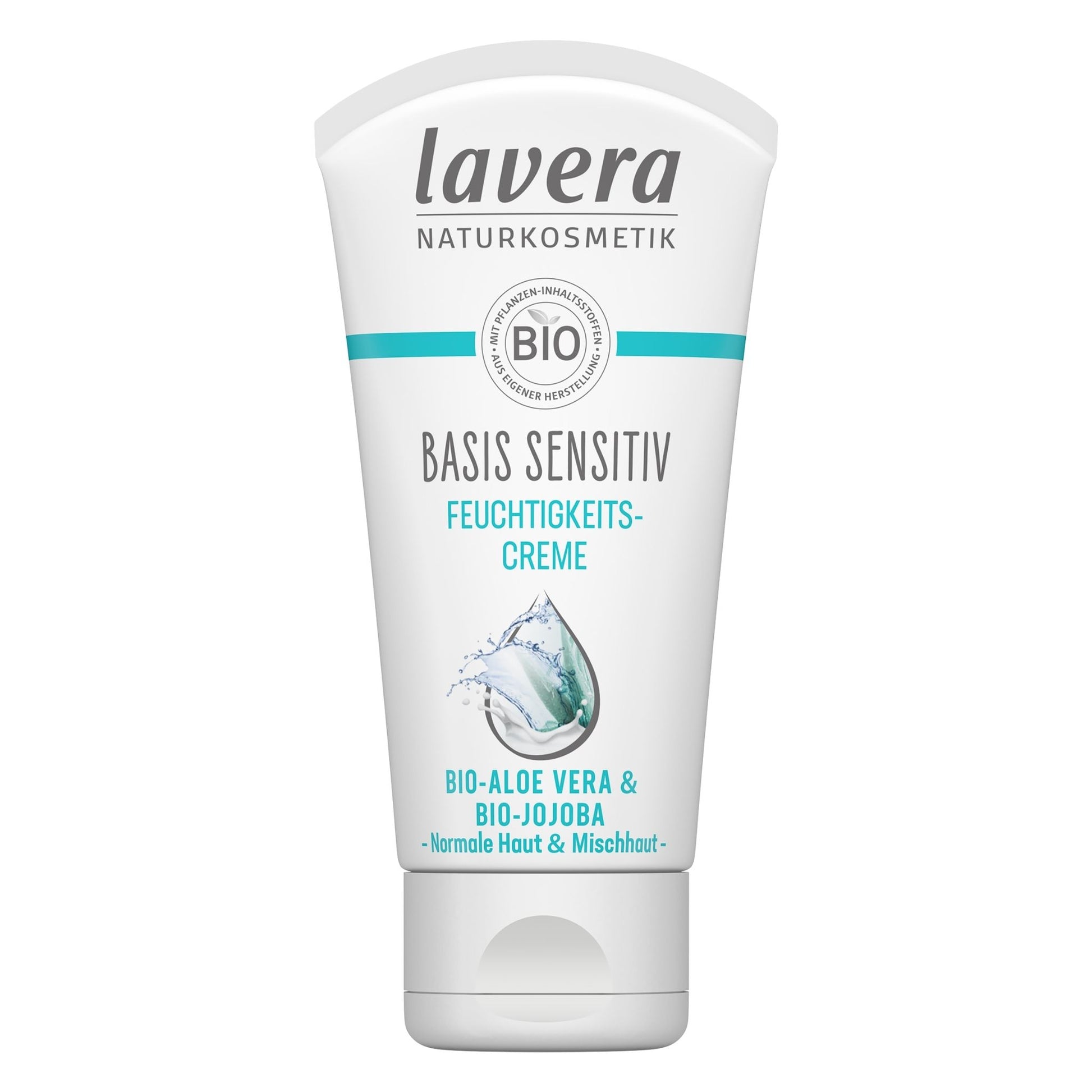 A white squeeze tube of Lavera Basis Sensitive Moisturising Creme with teal and gray text, shown on a plain white background.
