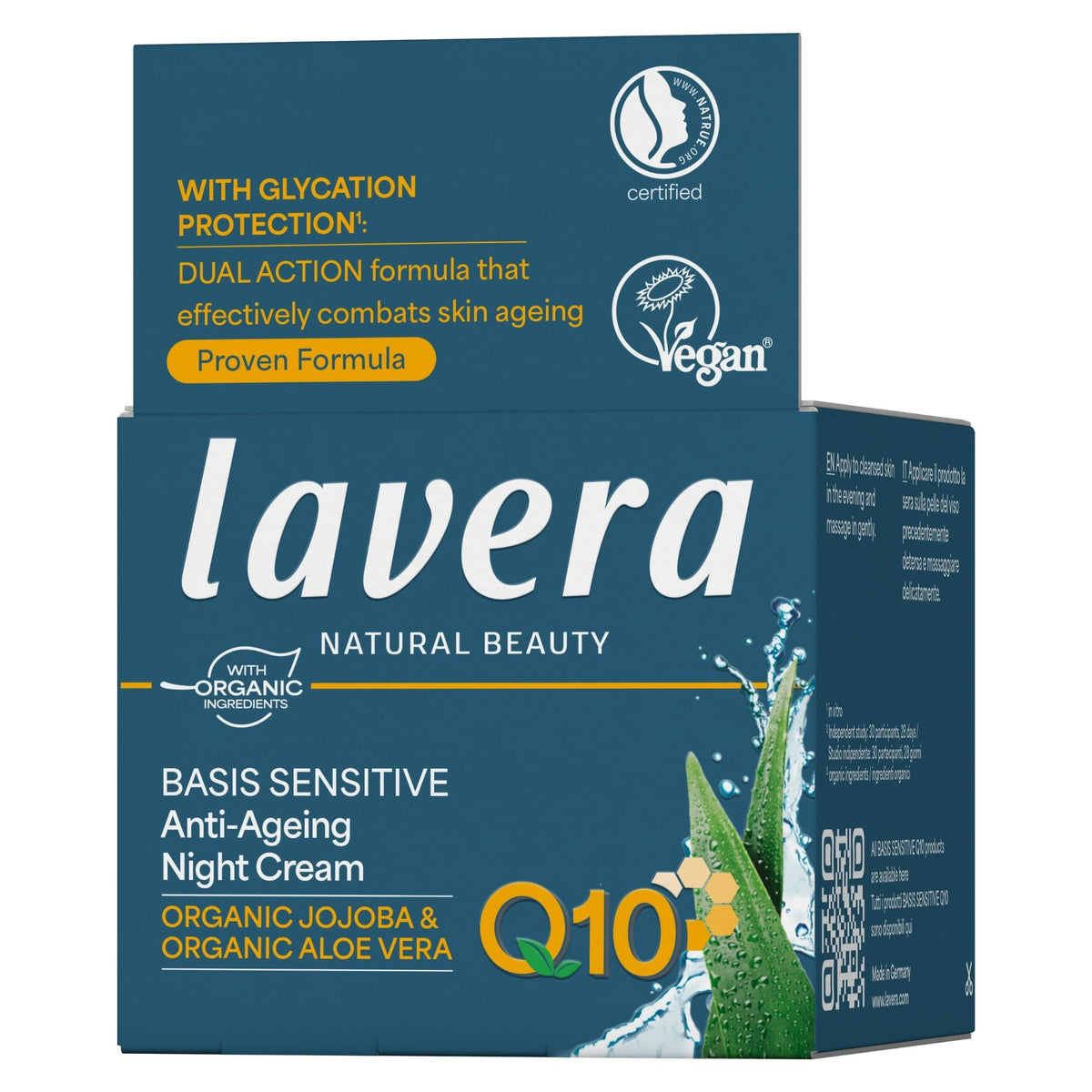 Lavera Beauty Q10 Anti-Ageing Night Cream box side way in dark teal blue packaging with white and yellow text, featuring aloe vera graphics and certification logos.