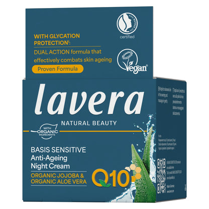 Lavera Beauty Q10 Anti-Ageing Night Cream box side way in dark teal blue packaging with white and yellow text, featuring aloe vera graphics and certification logos.
