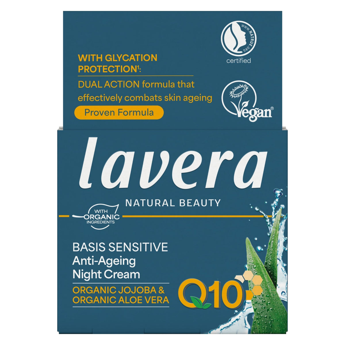 Lavera Beauty Q10 Anti-Ageing Night Cream box in dark teal blue packaging with white and yellow text, featuring aloe vera graphics and certification logos.