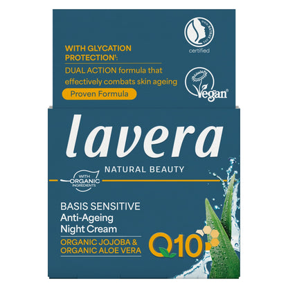 Lavera Beauty Q10 Anti-Ageing Night Cream box in dark teal blue packaging with white and yellow text, featuring aloe vera graphics and certification logos.