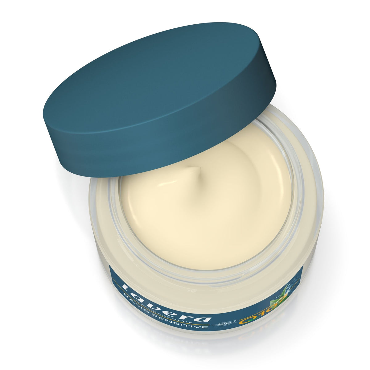 An open jar of Basis Sensitive Intensive Moisturiser, showing a thick cream-coloured product inside, with a dark teal lid leaning against the container on a white background.