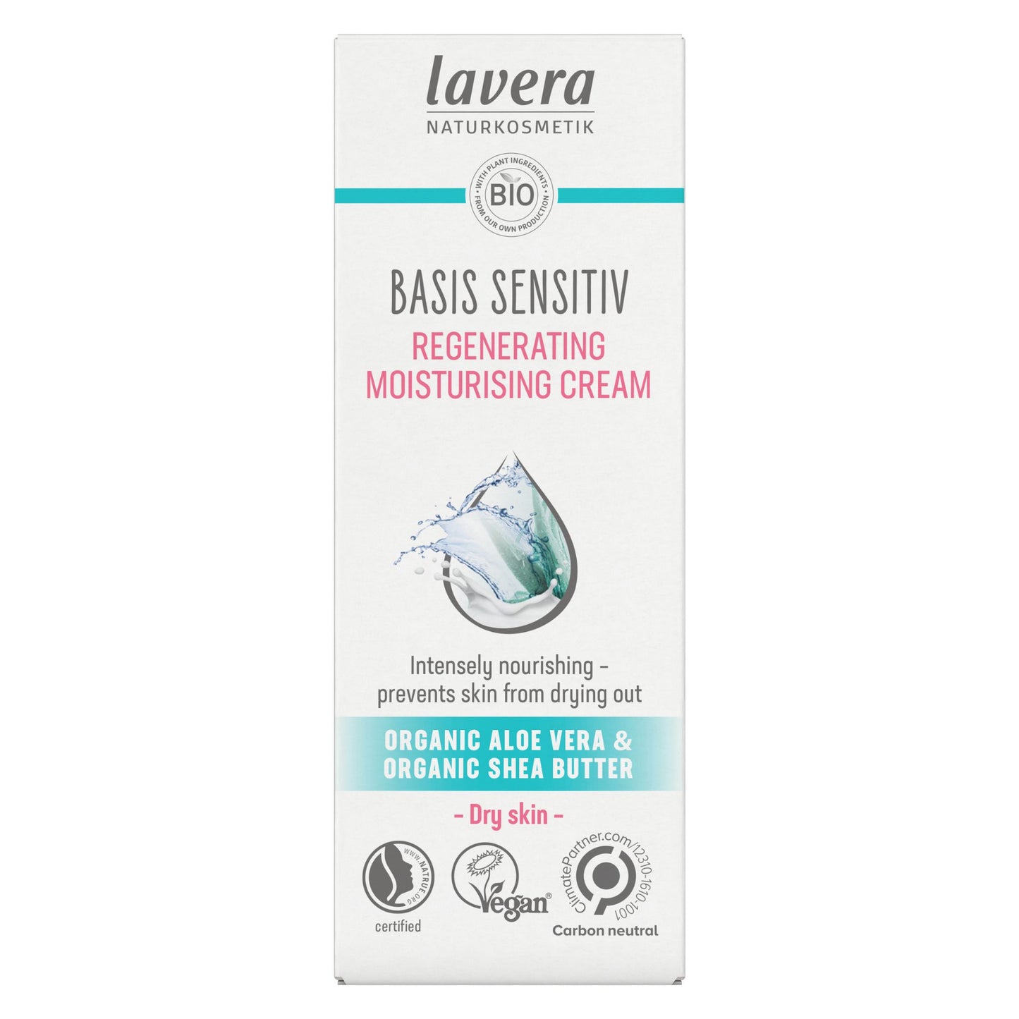 Lavera Basis Sensitiv Regenerating Moisturising Cream box packaging, featuring a white box with teal and pink text, a water droplet graphic, and certification logos at the bottom.