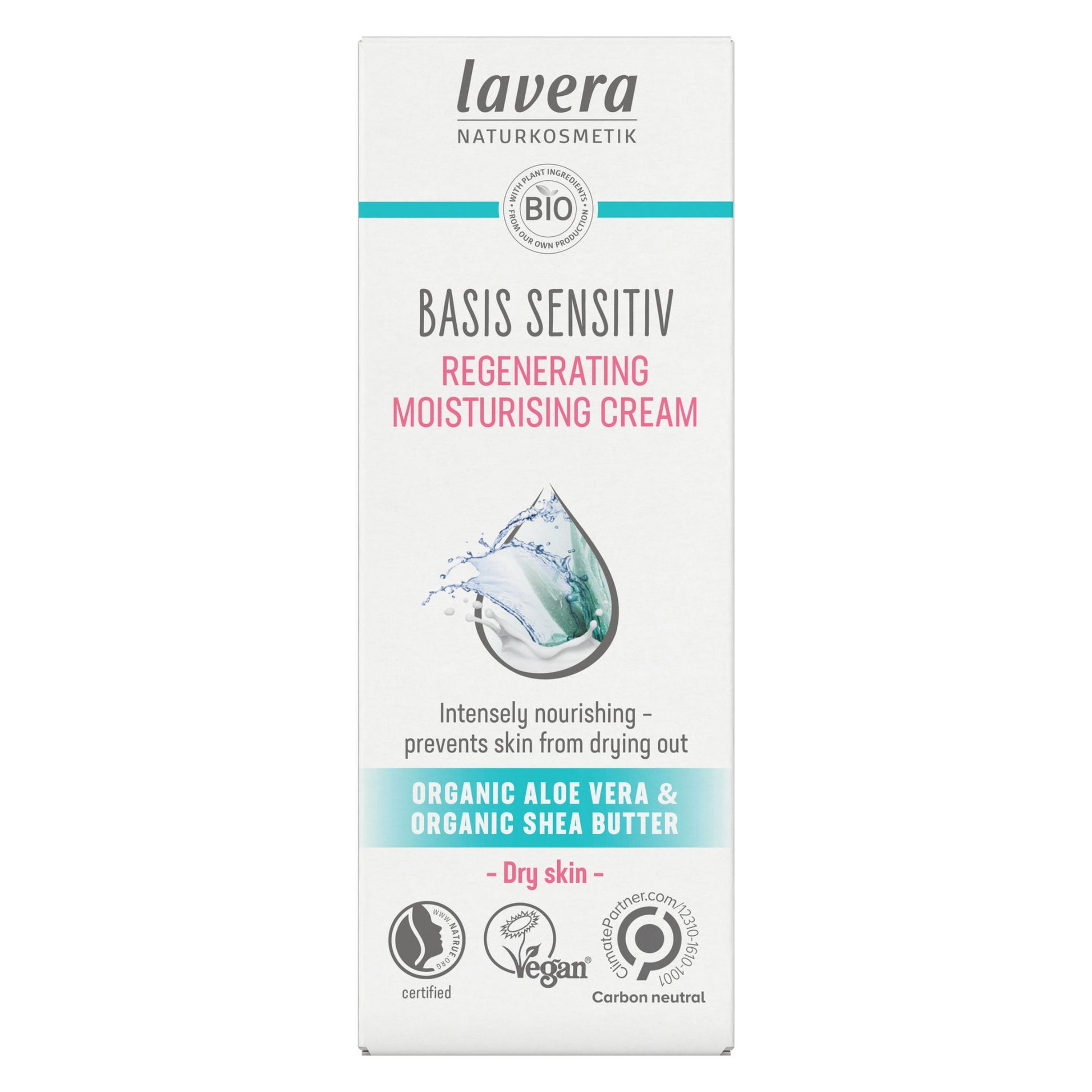 Lavera Basis Sensitiv Regenerating Moisturising Cream box packaging, featuring a white box with teal and pink text, a water droplet graphic, and certification logos at the bottom.