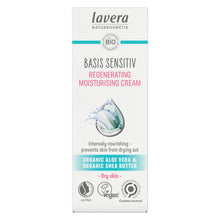 Lavera Basis Sensitiv Regenerating Moisturising Cream box packaging, featuring a white box with teal and pink text, a water droplet graphic, and certification logos at the bottom.