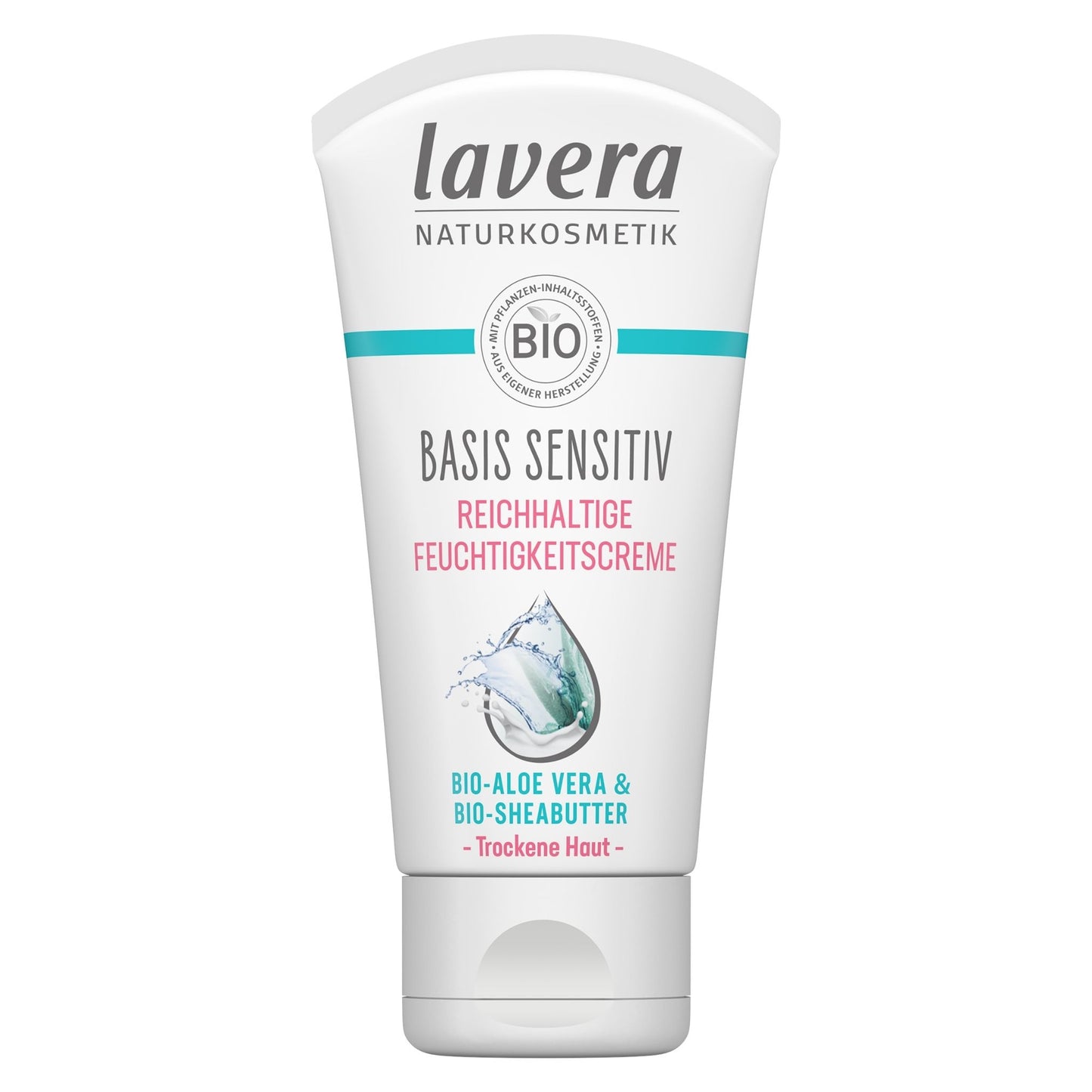 A white squeeze tube of Lavera Basis Sensitiv regenerating face cream against a plain white background. The tube features the brand name 'lavera natural cosmetics' in dark gray at the top, a teal stripe, a circular 'BIO' seal, and pink and teal text indicating it contains bio-aloa vera and bio-sheabutter.