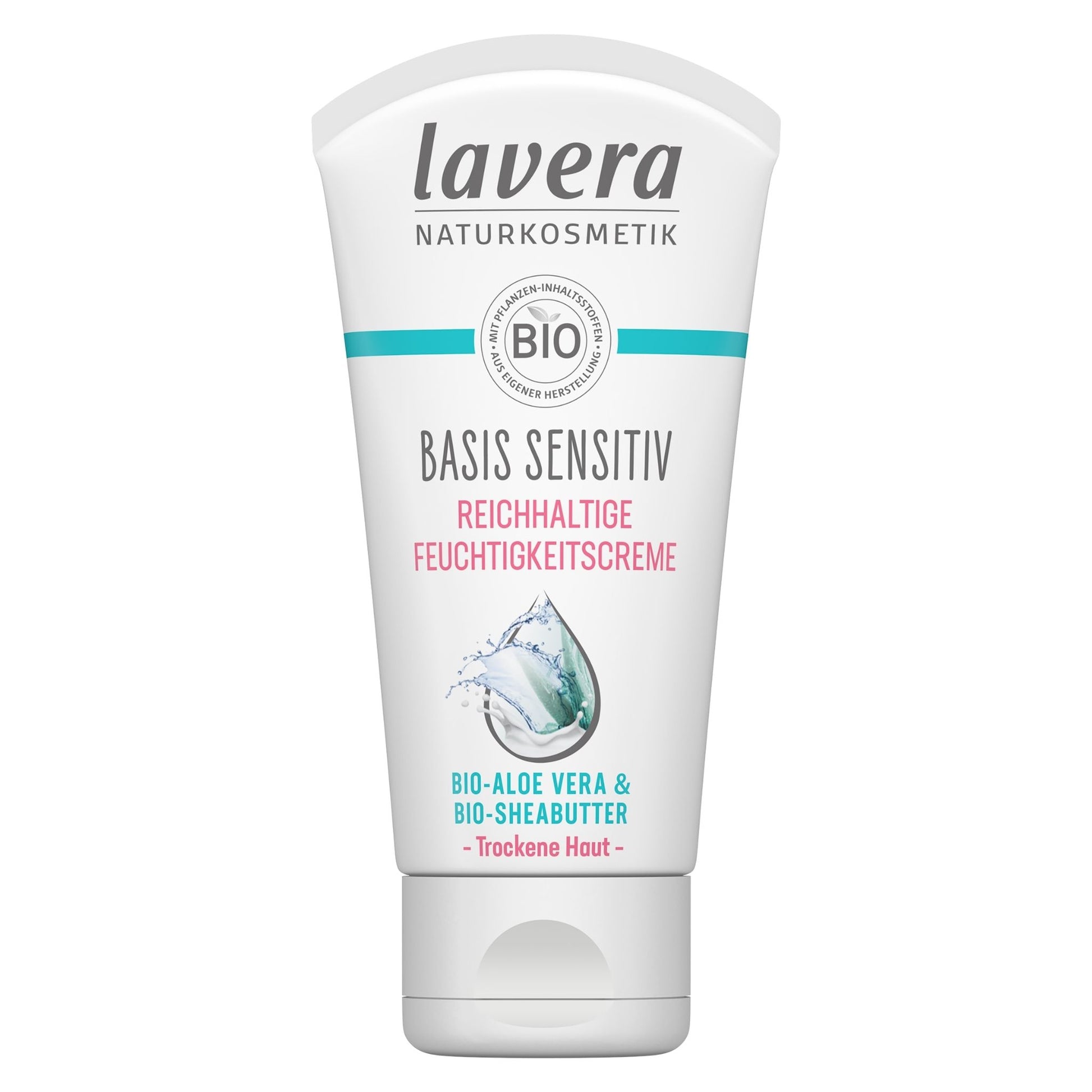 A white squeeze tube of Lavera Basis Sensitiv regenerating face cream against a plain white background. The tube features the brand name 'lavera natural cosmetics' in dark gray at the top, a teal stripe, a circular 'BIO' seal, and pink and teal text indicating it contains bio-aloa vera and bio-sheabutter.