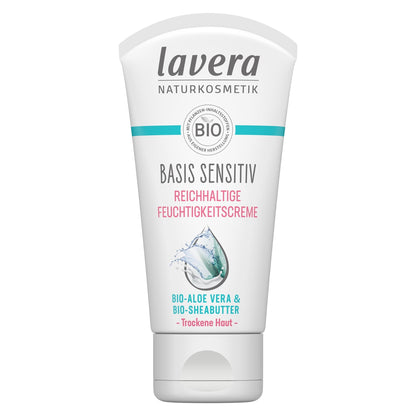 A white squeeze tube of Lavera Basis Sensitiv regenerating face cream against a plain white background. The tube features the brand name 'lavera natural cosmetics' in dark gray at the top, a teal stripe, a circular 'BIO' seal, and pink and teal text indicating it contains bio-aloa vera and bio-sheabutter.