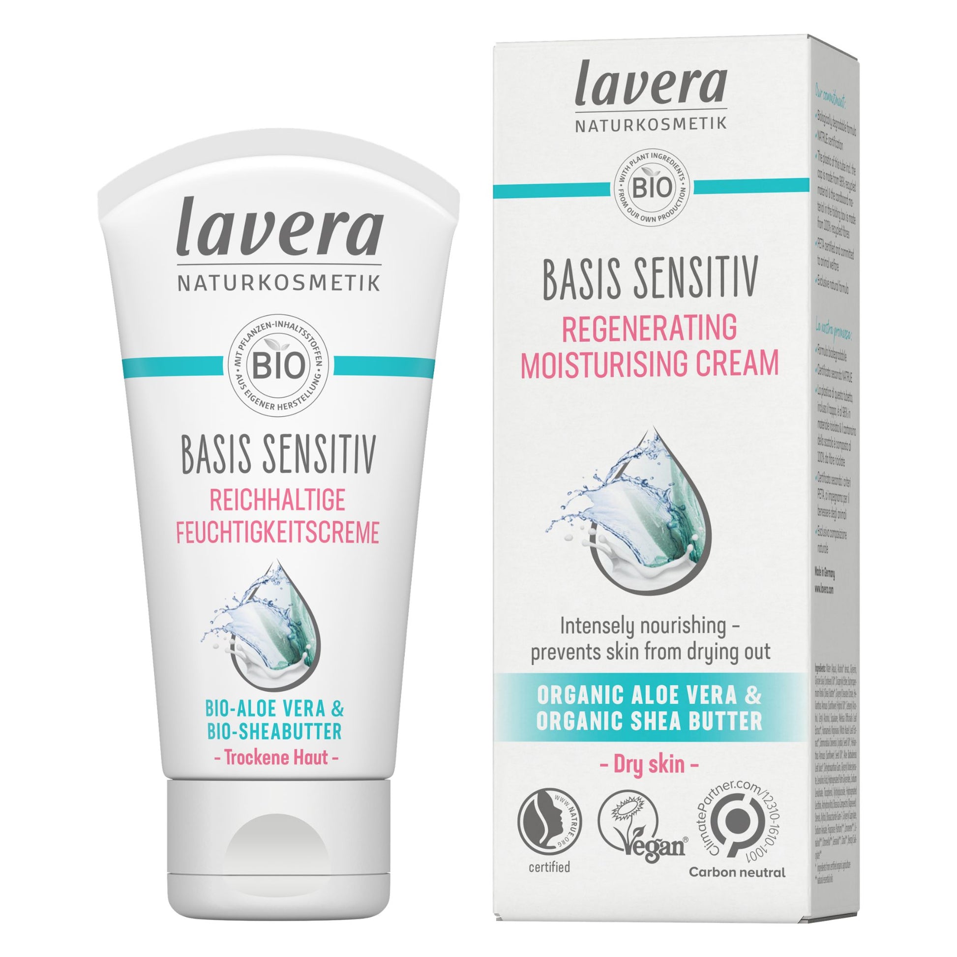 Lavera Basis Sensitive Regenerating Moisturising Cream shown as a white squeeze tube next to its matching white packaging box, featuring teal and pink text and a water droplet graphic.