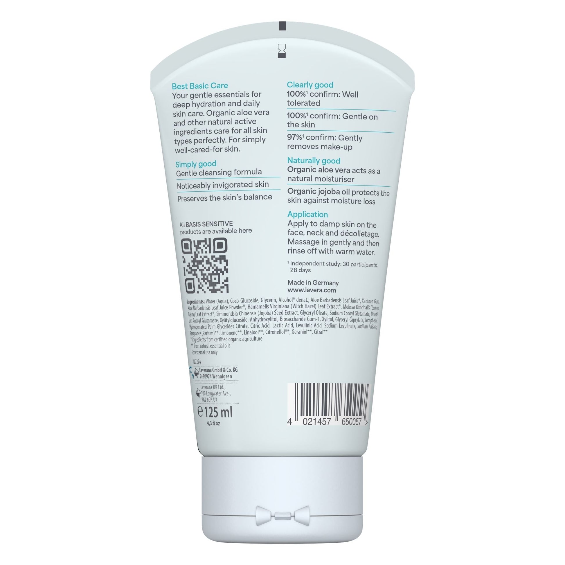 Back of Lavera Basis Sensitive Cleansing Gel tube on a white background
