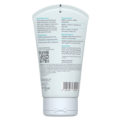 Back of Lavera Basis Sensitive Cleansing Gel tube on a white background