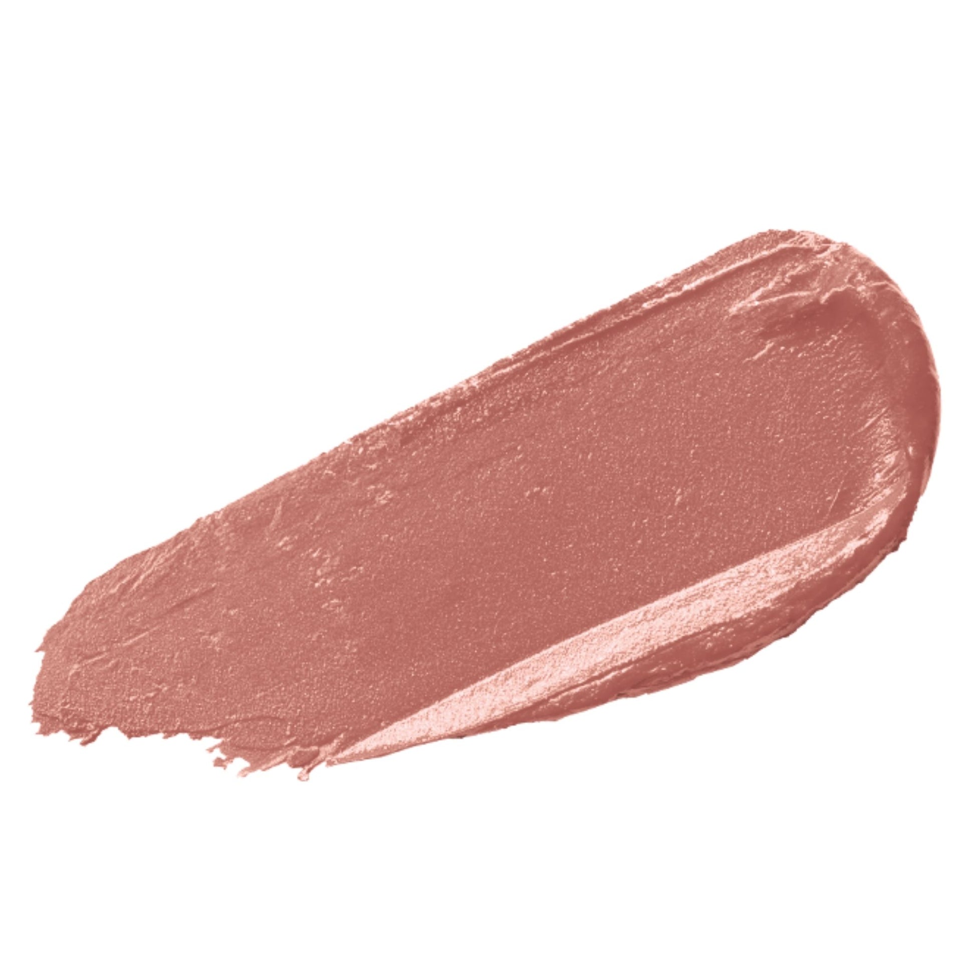 A textured swipe of a shimmery, dusty rose Sundown Gold cosmetic multi balm on a solid white background.